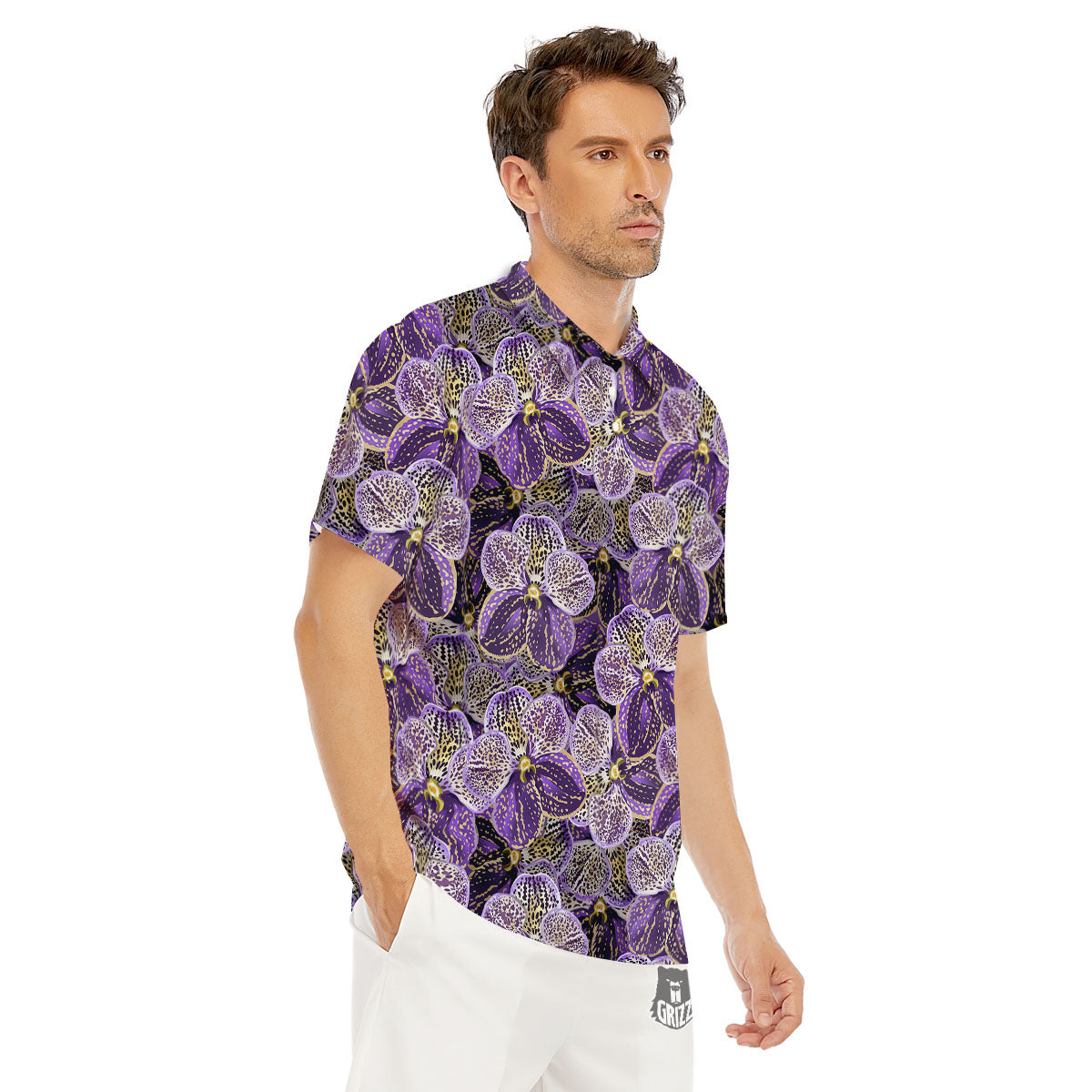 Flower Orchid Purple Print Pattern Men's Golf Shirts-grizzshop