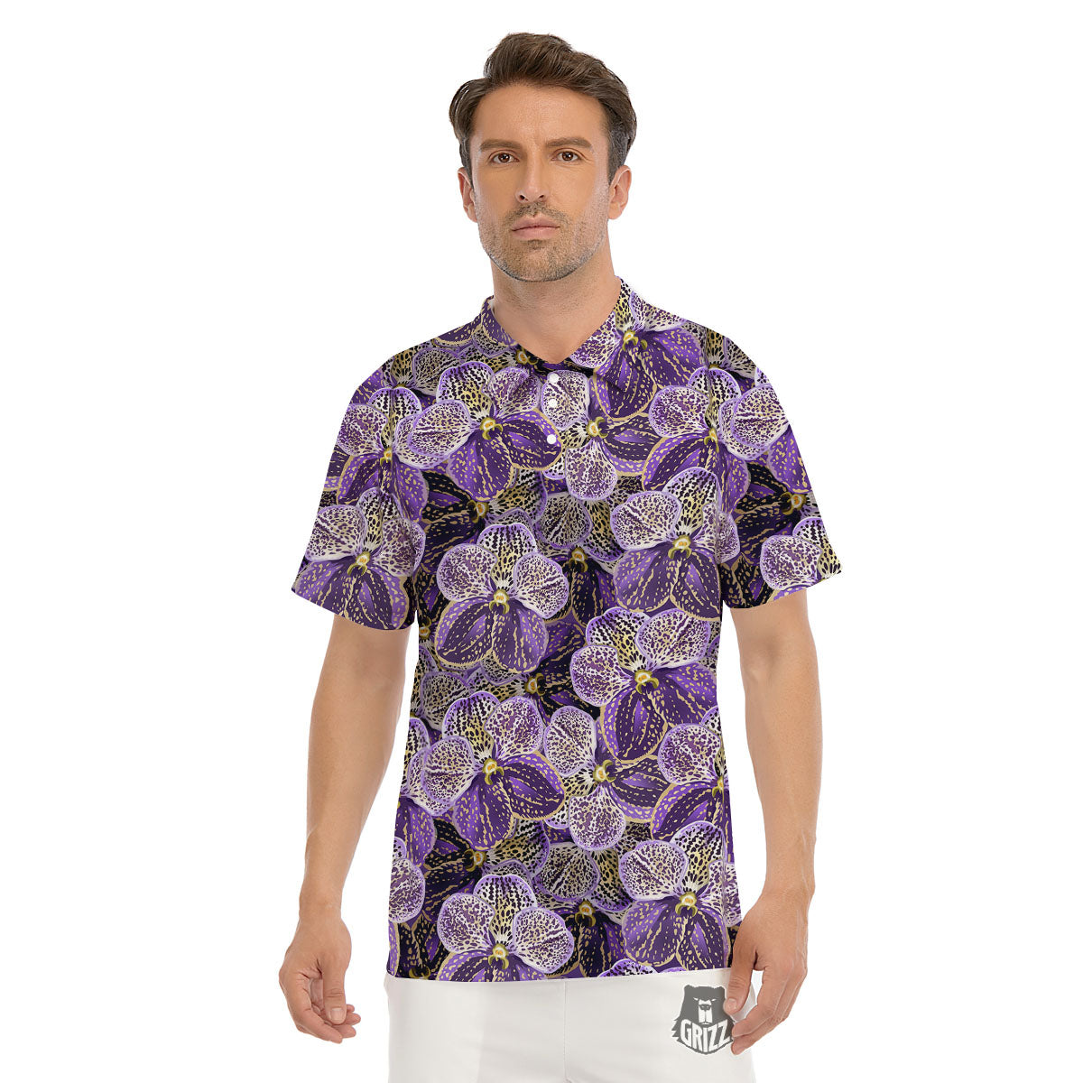 Flower Orchid Purple Print Pattern Men's Golf Shirts-grizzshop