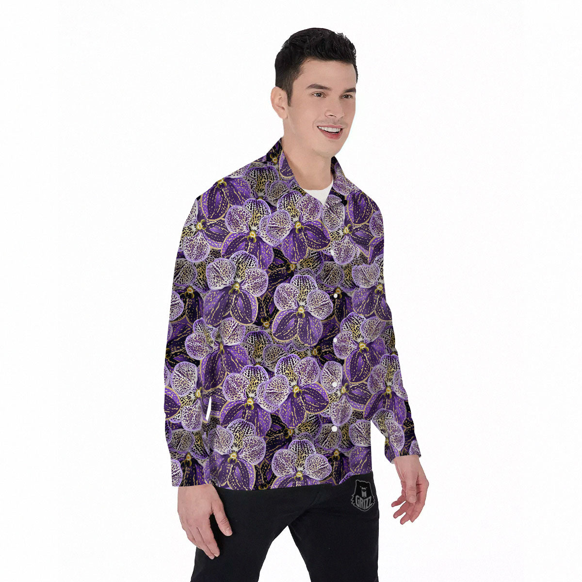 Flower Orchid Purple Print Pattern Men's Long Sleeve Shirts-grizzshop