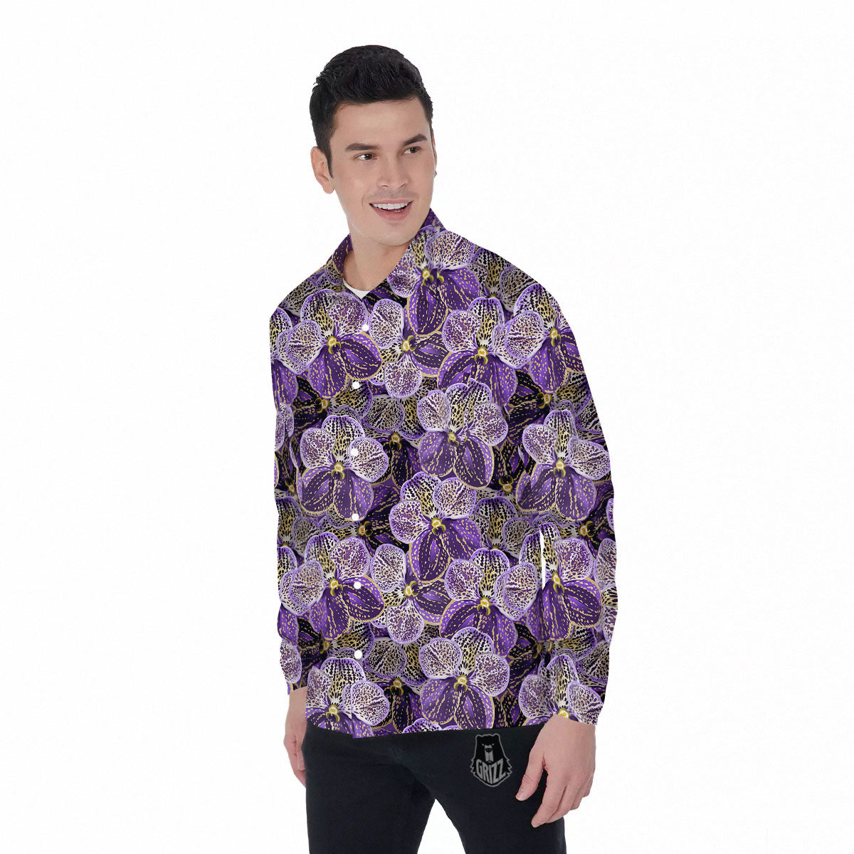 Flower Orchid Purple Print Pattern Men's Long Sleeve Shirts-grizzshop