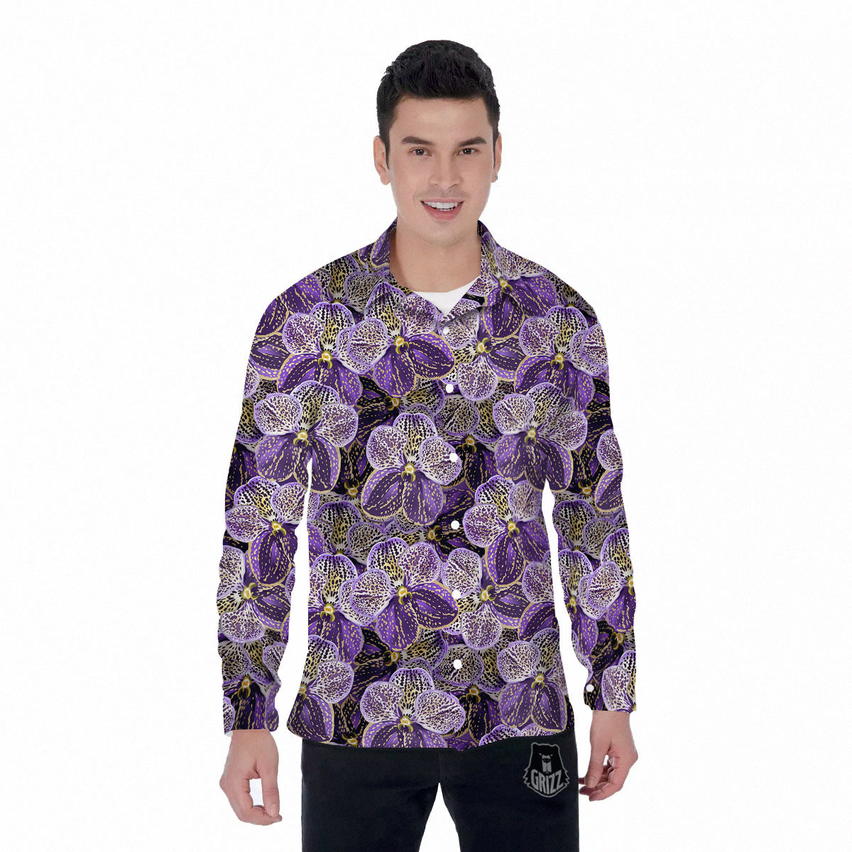 Flower Orchid Purple Print Pattern Men's Long Sleeve Shirts-grizzshop