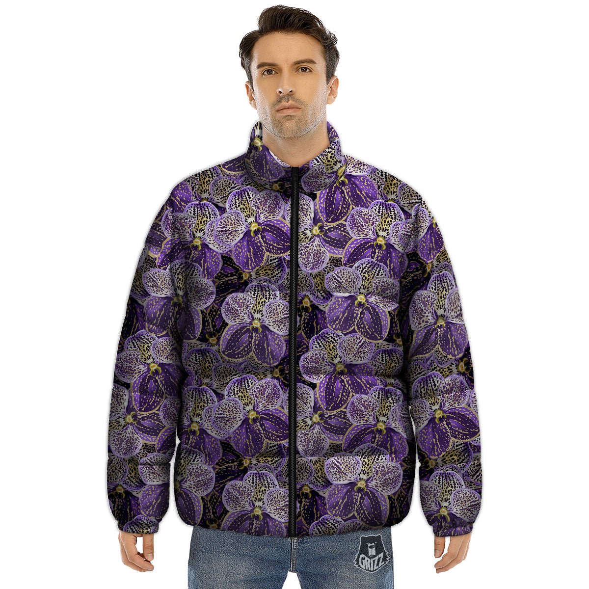 Flower Orchid Purple Print Pattern Puffer Jacket-grizzshop