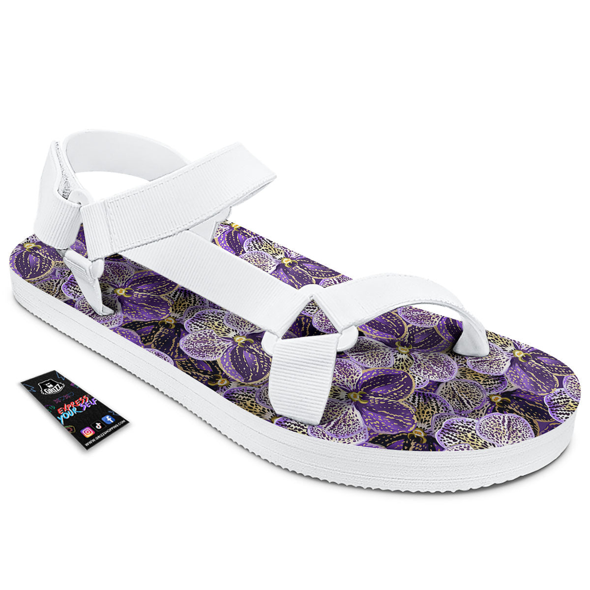Flower Orchid Purple Print Pattern White Open Toe Sandals-grizzshop