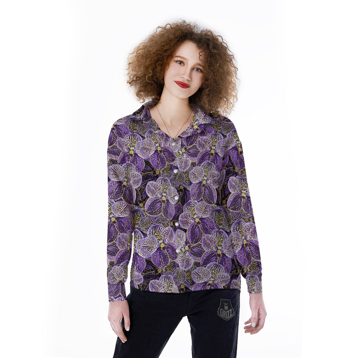 Flower Orchid Purple Print Pattern Women's Long Sleeve Shirts-grizzshop