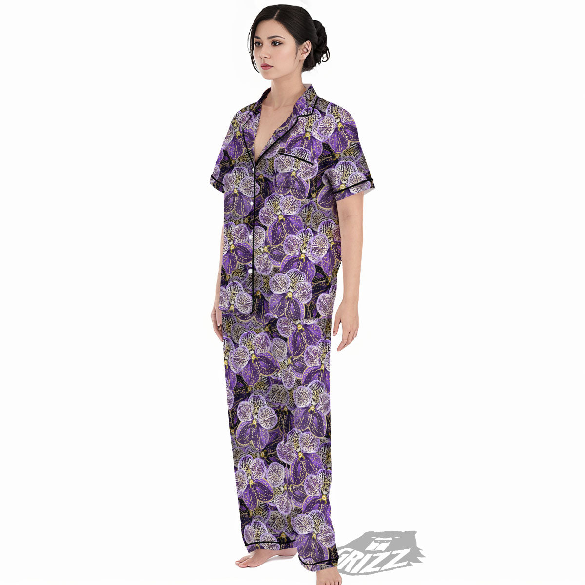 Flower Orchid Purple Print Pattern Women's Pajamas Set-grizzshop