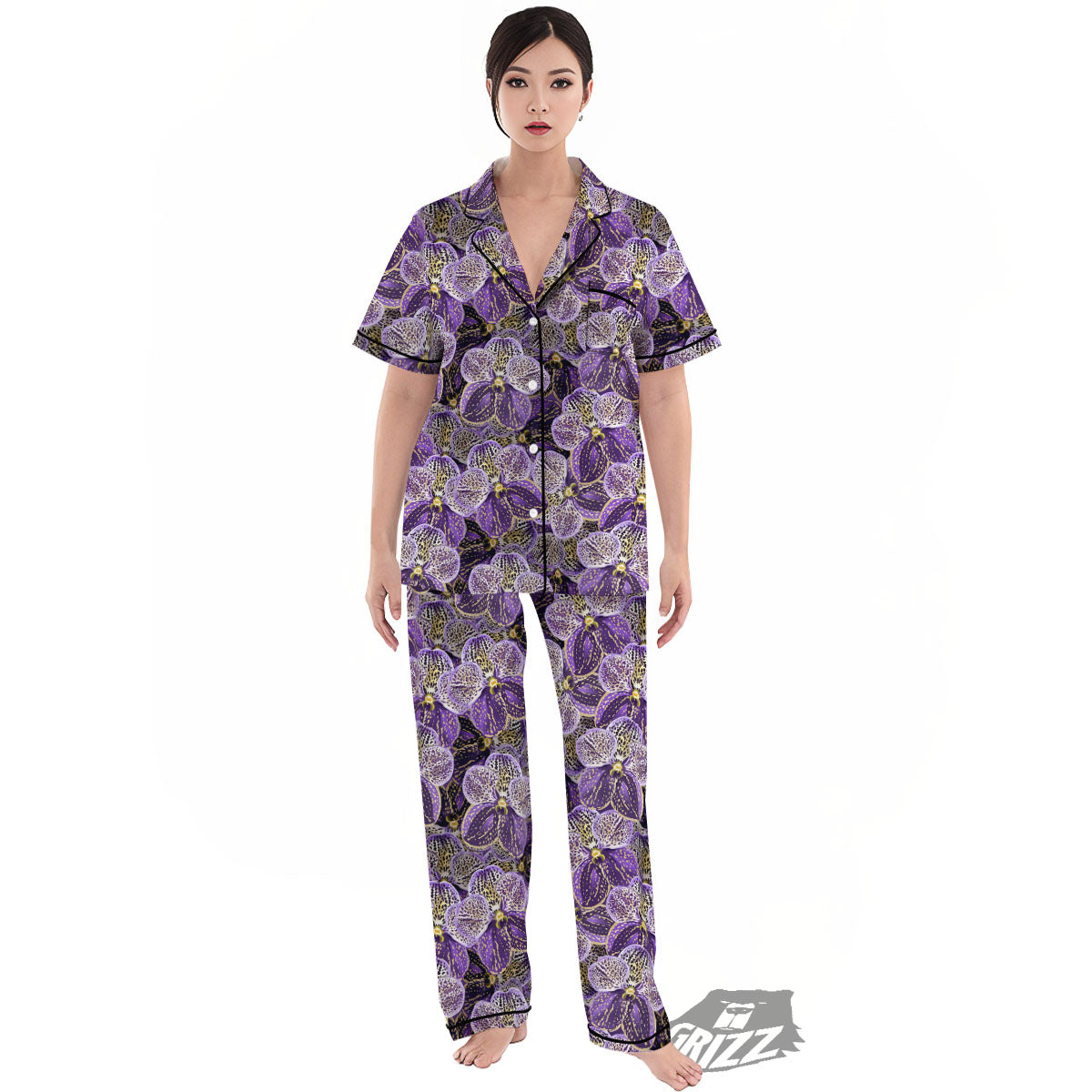 Flower Orchid Purple Print Pattern Women's Pajamas Set-grizzshop