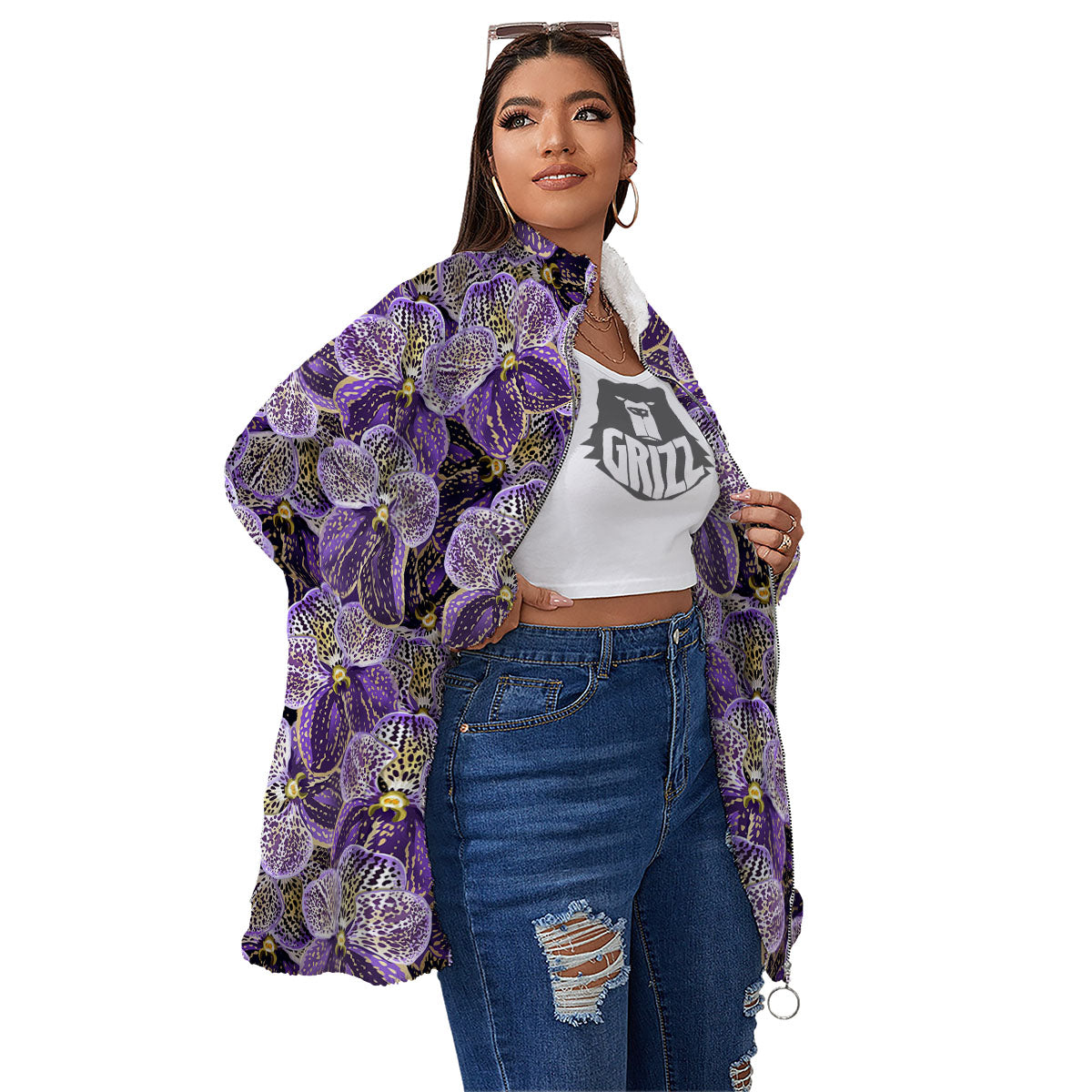 Flower Orchid Purple Print Pattern Women's Sherpa Jacket-grizzshop