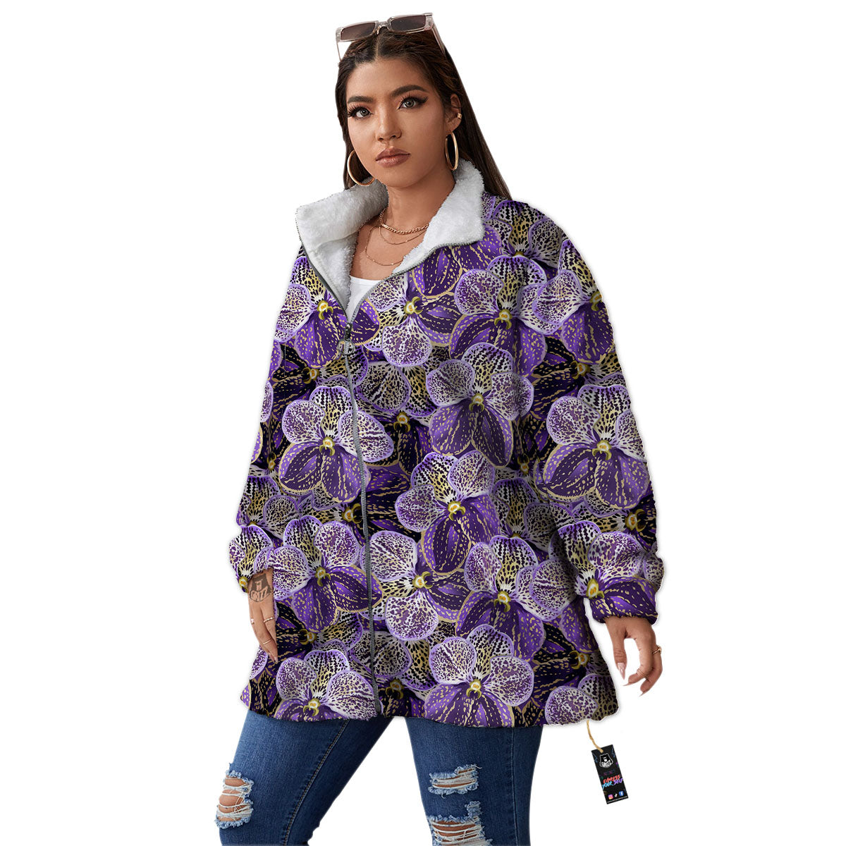 Flower Orchid Purple Print Pattern Women's Sherpa Jacket-grizzshop