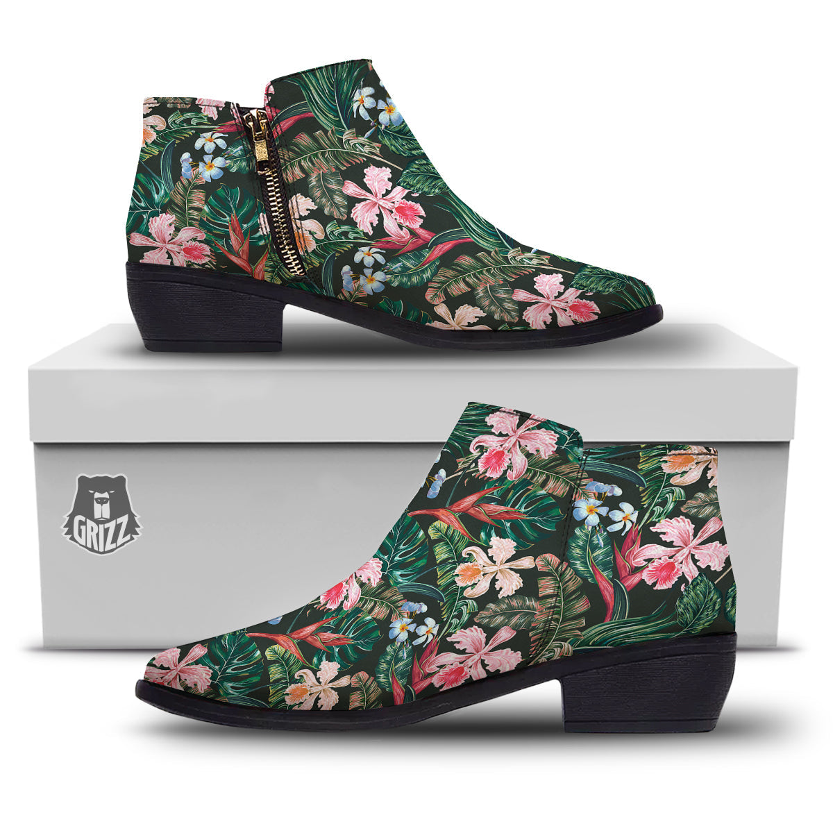 Flower Orchid Tropical Print Pattern Ankle Boots-grizzshop