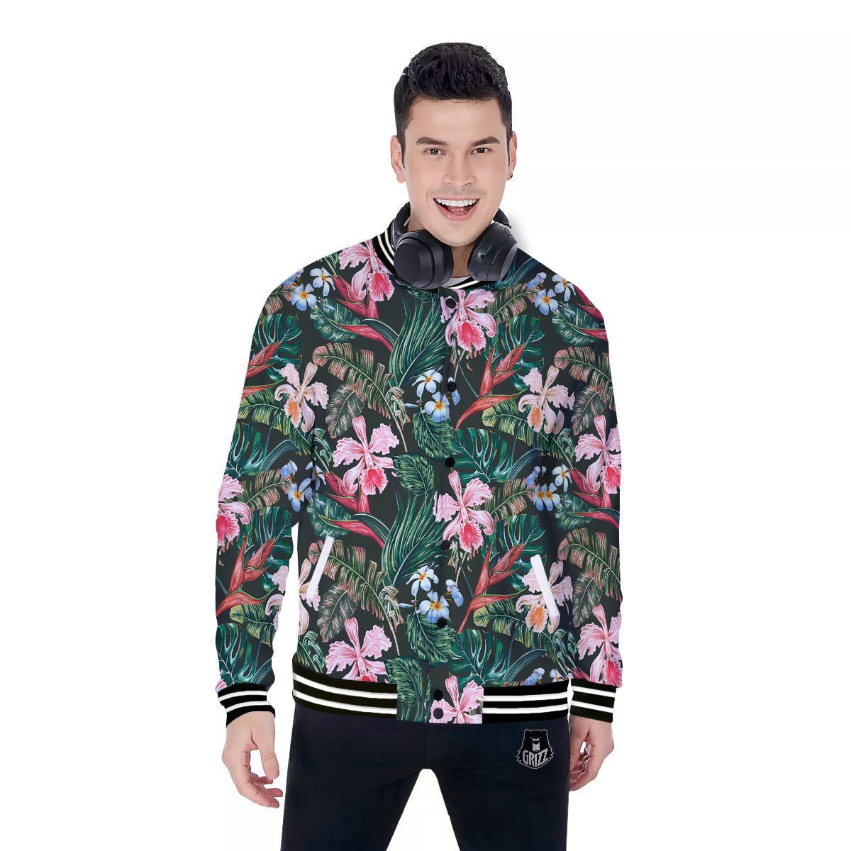 Flower Orchid Tropical Print Pattern Baseball Jacket-grizzshop