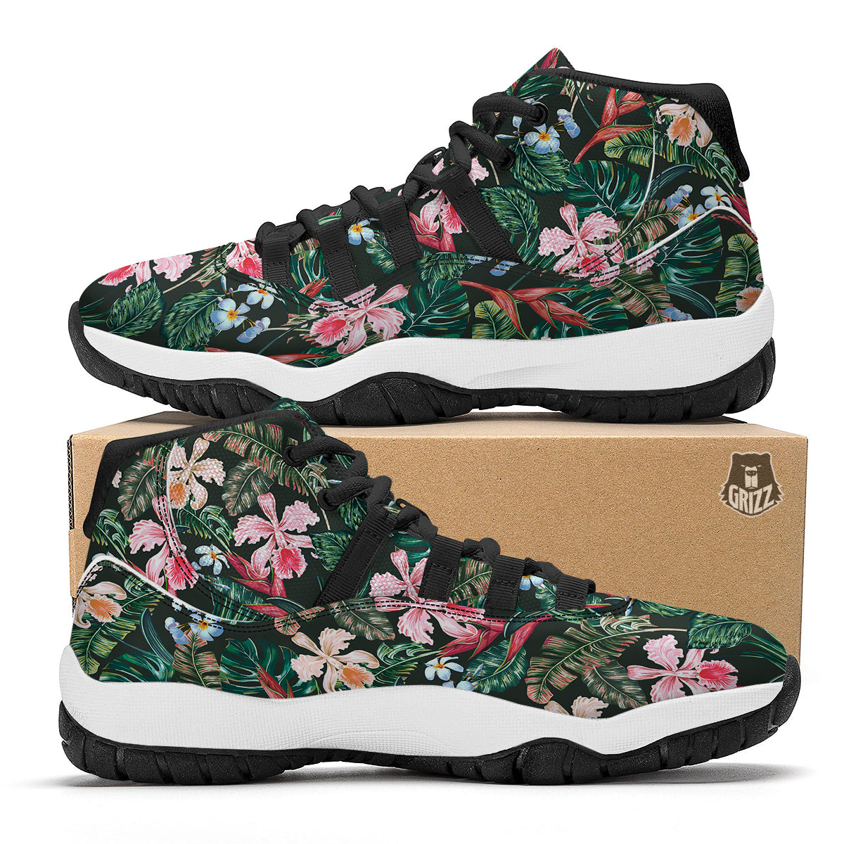 Flower Orchid Tropical Print Pattern Black Bball Shoes-grizzshop