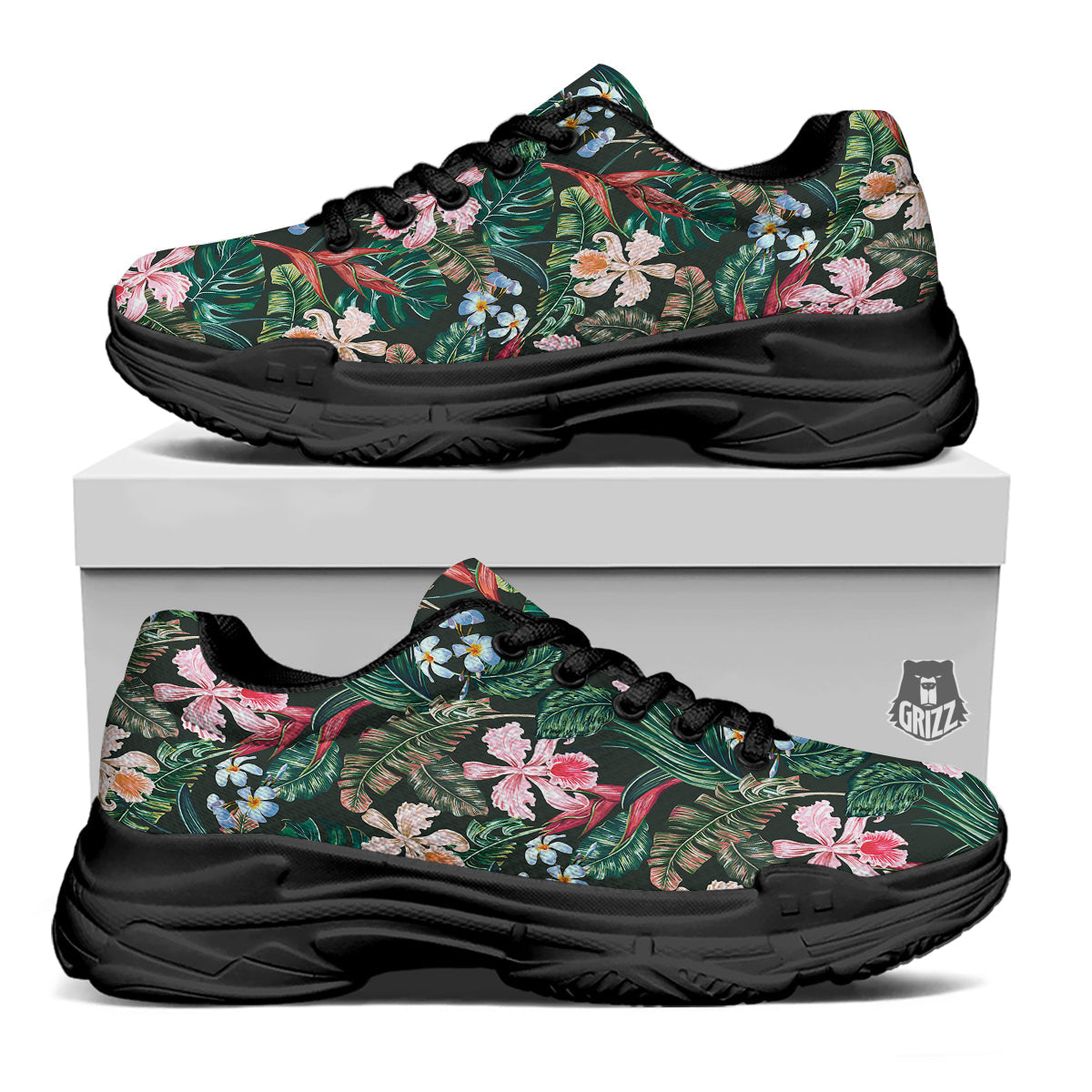 Flower Orchid Tropical Print Pattern Black Chunky Shoes-grizzshop