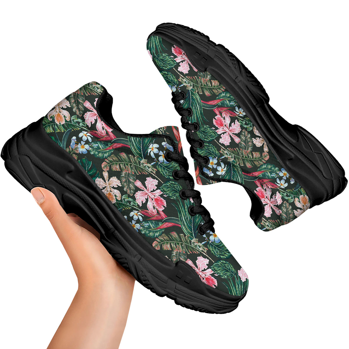 Flower Orchid Tropical Print Pattern Black Chunky Shoes-grizzshop
