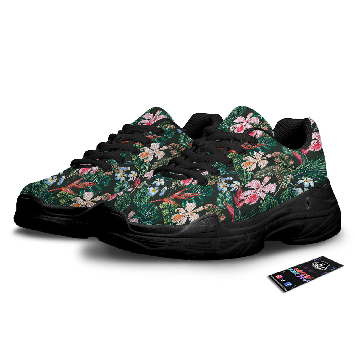 Flower Orchid Tropical Print Pattern Black Chunky Shoes-grizzshop