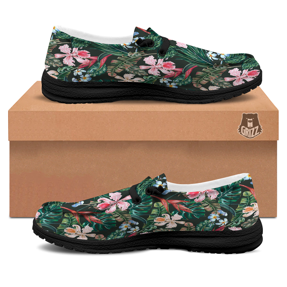 Flower Orchid Tropical Print Pattern Black Loafers-grizzshop