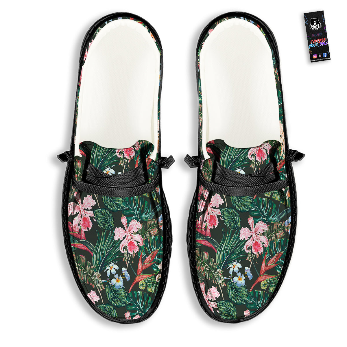 Flower Orchid Tropical Print Pattern Black Loafers-grizzshop