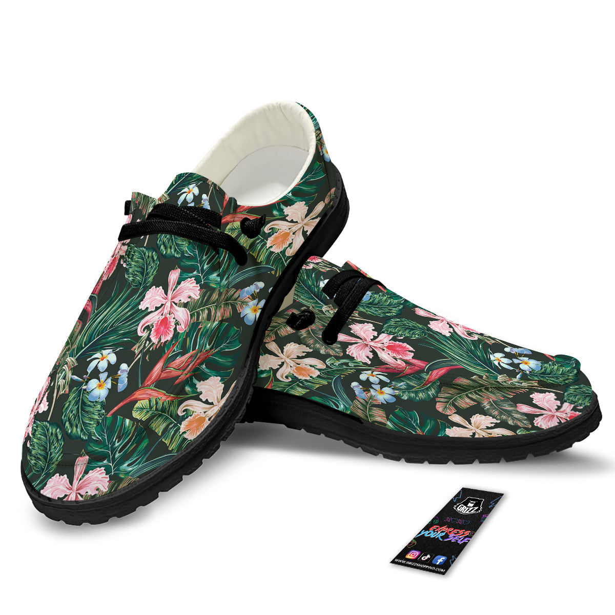 Flower Orchid Tropical Print Pattern Black Loafers-grizzshop