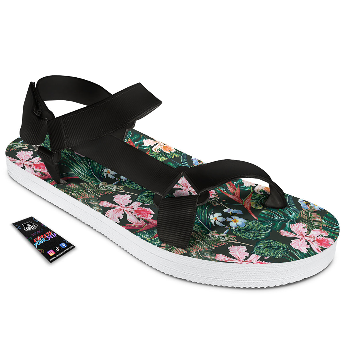 Flower Orchid Tropical Print Pattern Black Open Toe Sandals-grizzshop