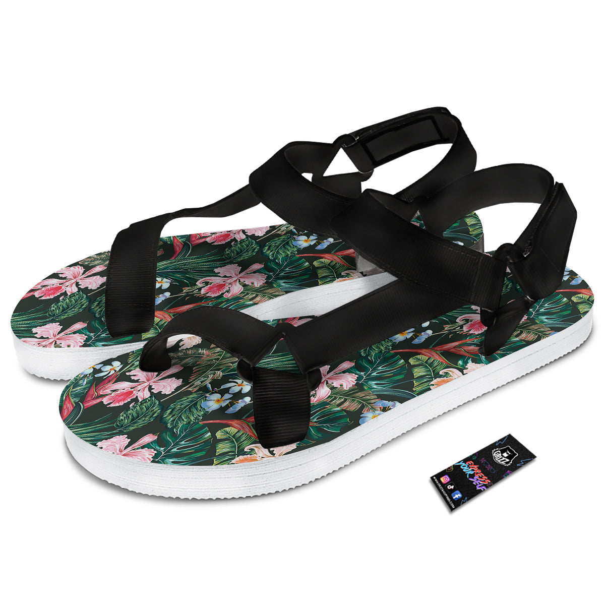 Flower Orchid Tropical Print Pattern Black Open Toe Sandals-grizzshop