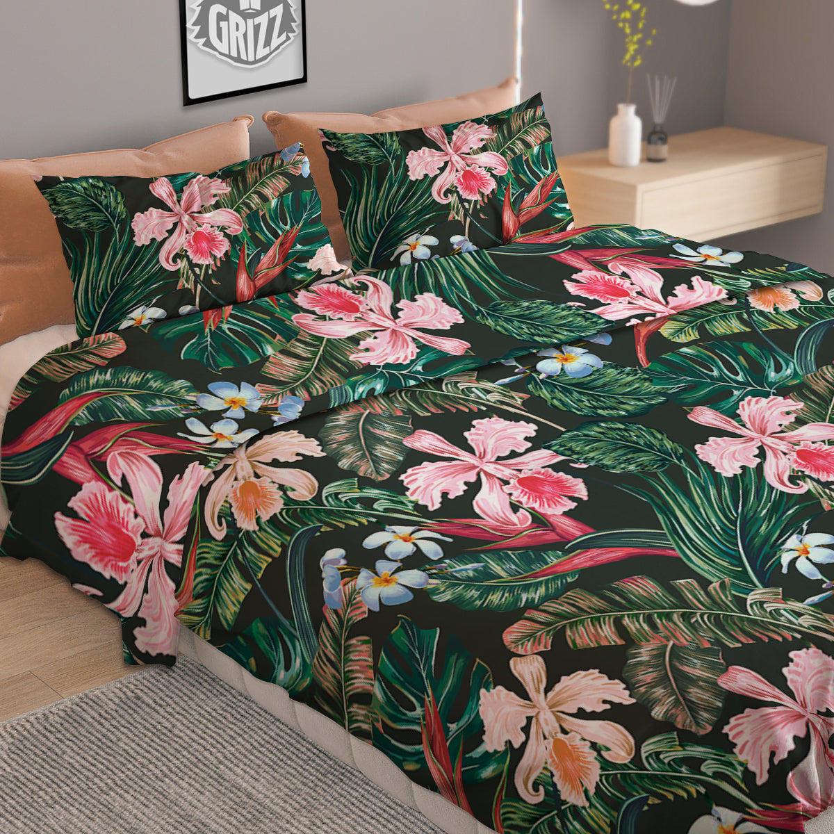 Flower Orchid Tropical Print Pattern Duvet Cover Bedding Set