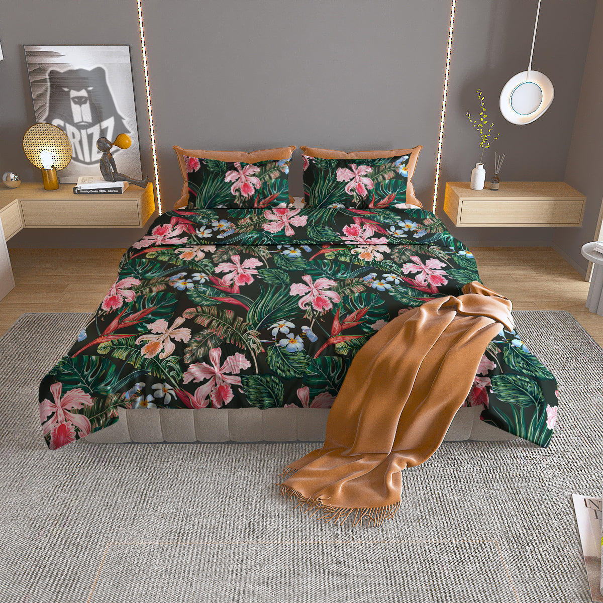 Flower Orchid Tropical Print Pattern Duvet Cover Bedding Set