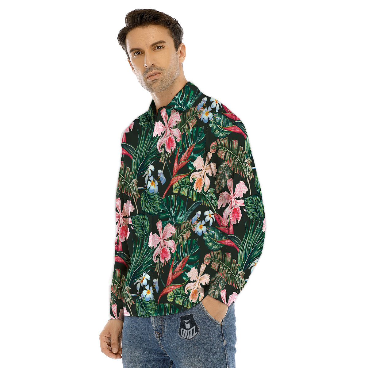 Flower Orchid Tropical Print Pattern Men's Dress Shirts-grizzshop
