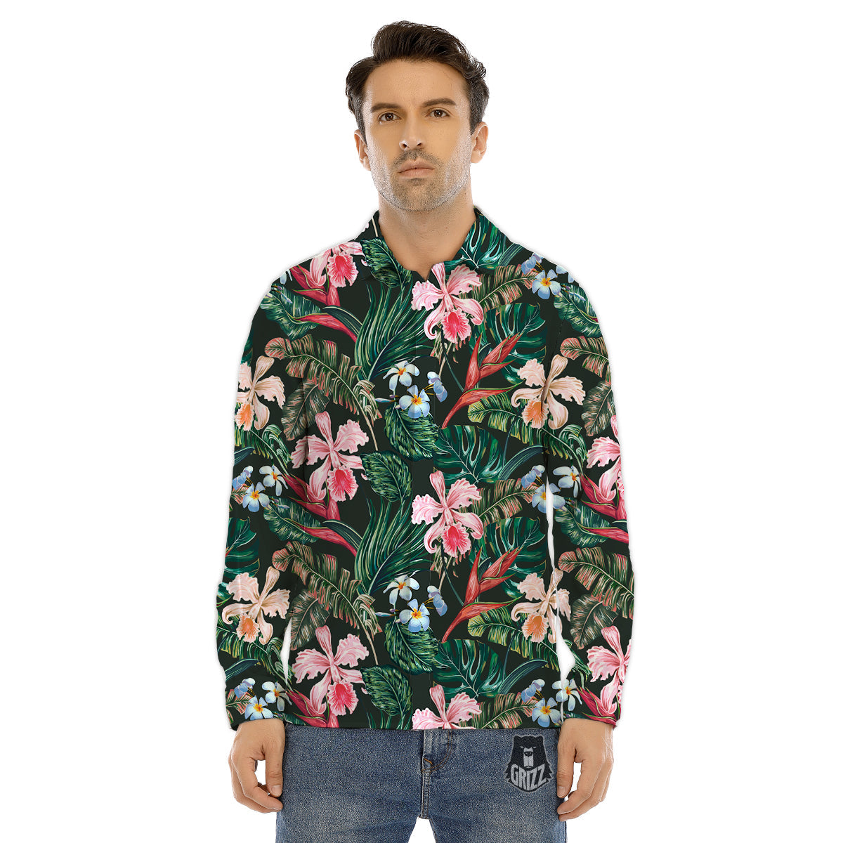 Flower Orchid Tropical Print Pattern Men's Dress Shirts-grizzshop