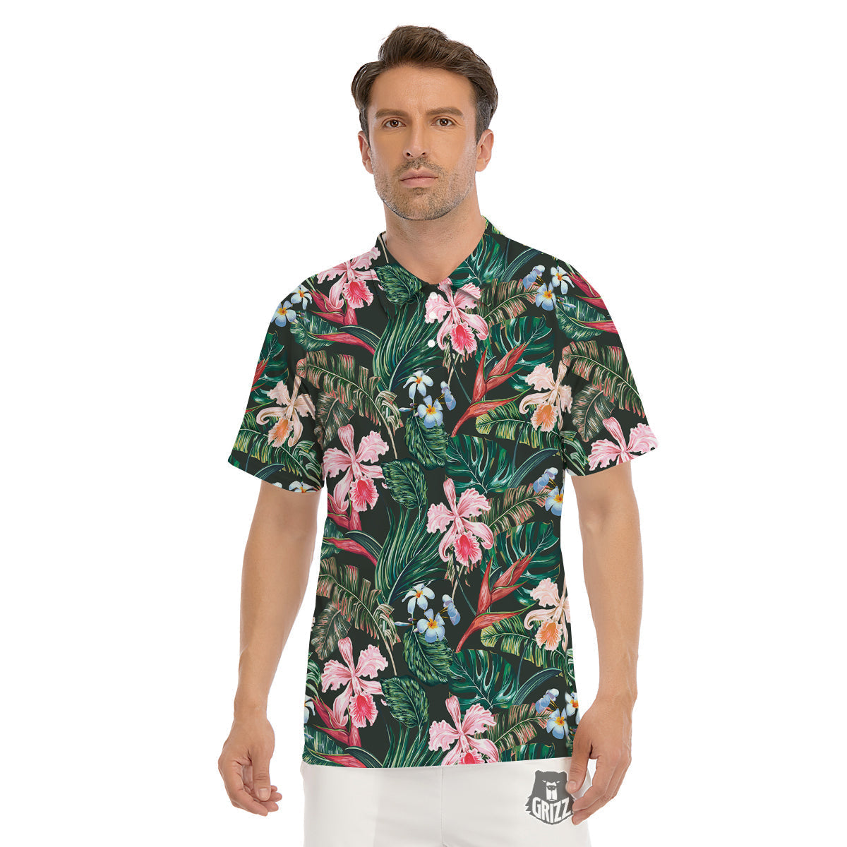 Flower Orchid Tropical Print Pattern Men's Golf Shirts-grizzshop