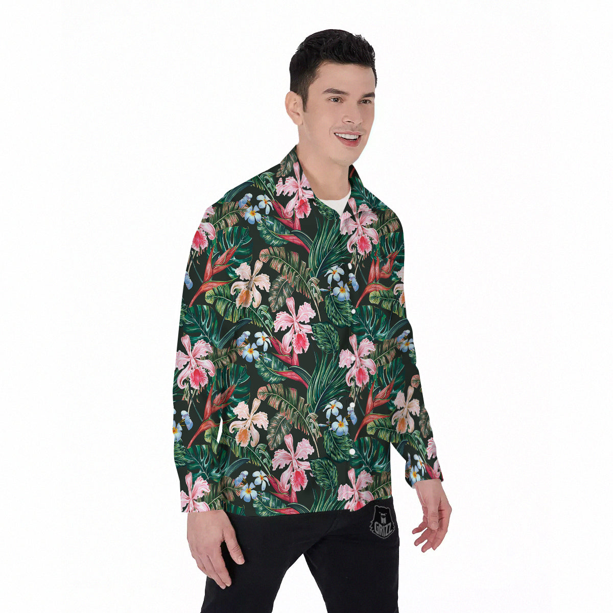 Flower Orchid Tropical Print Pattern Men's Long Sleeve Shirts-grizzshop