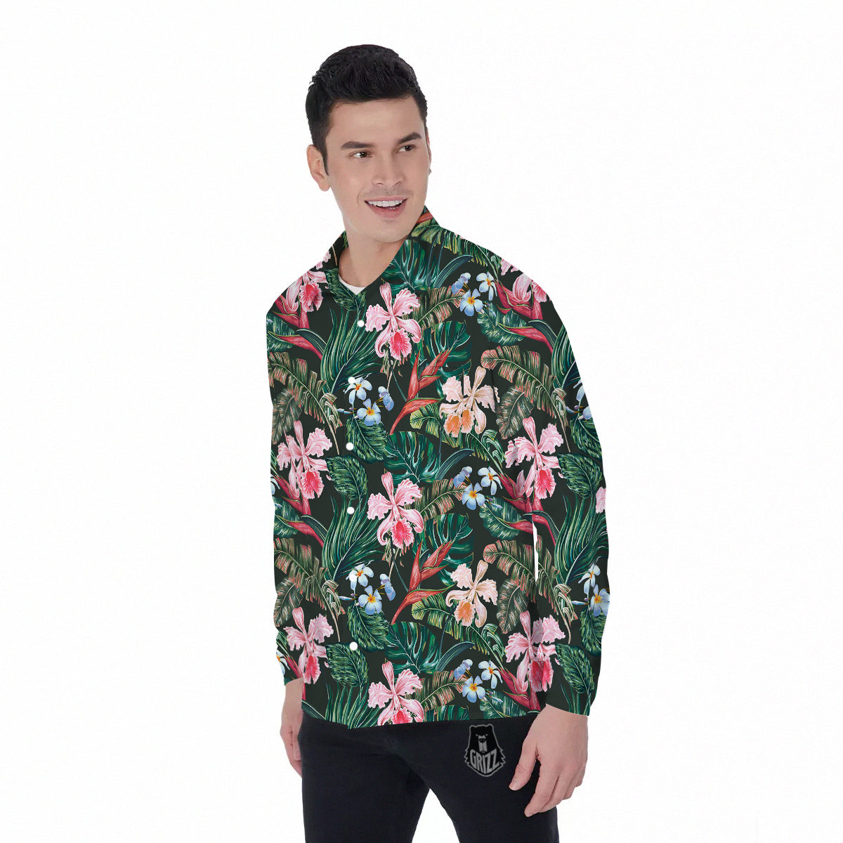 Flower Orchid Tropical Print Pattern Men's Long Sleeve Shirts-grizzshop