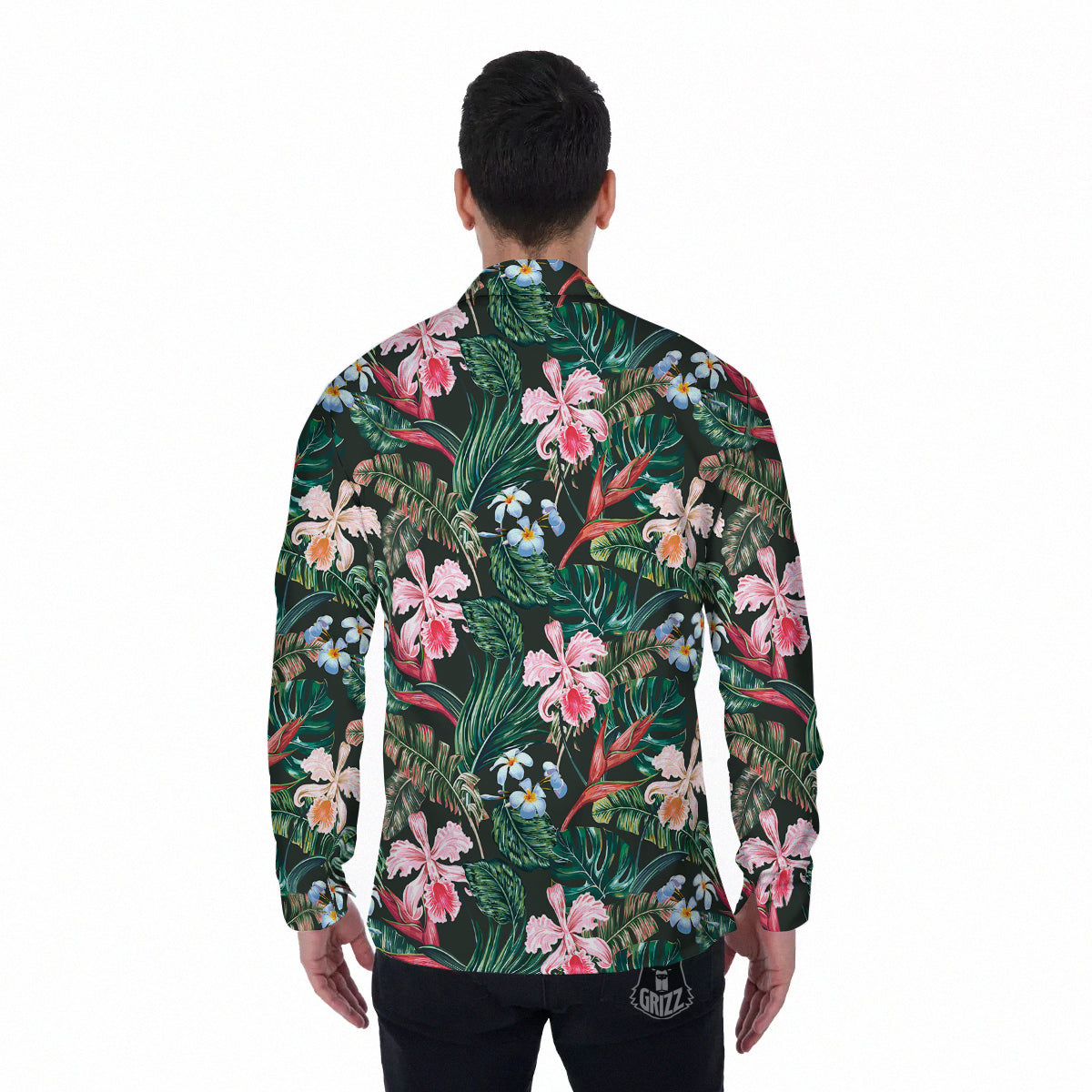 Flower Orchid Tropical Print Pattern Men's Long Sleeve Shirts-grizzshop