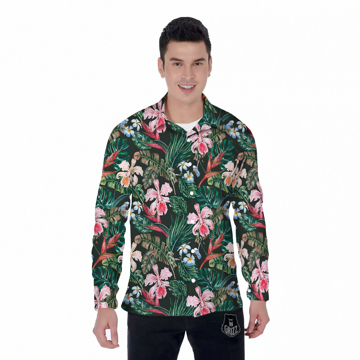 Flower Orchid Tropical Print Pattern Men's Long Sleeve Shirts-grizzshop