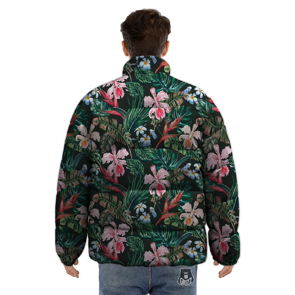 Flower Orchid Tropical Print Pattern Puffer Jacket-grizzshop