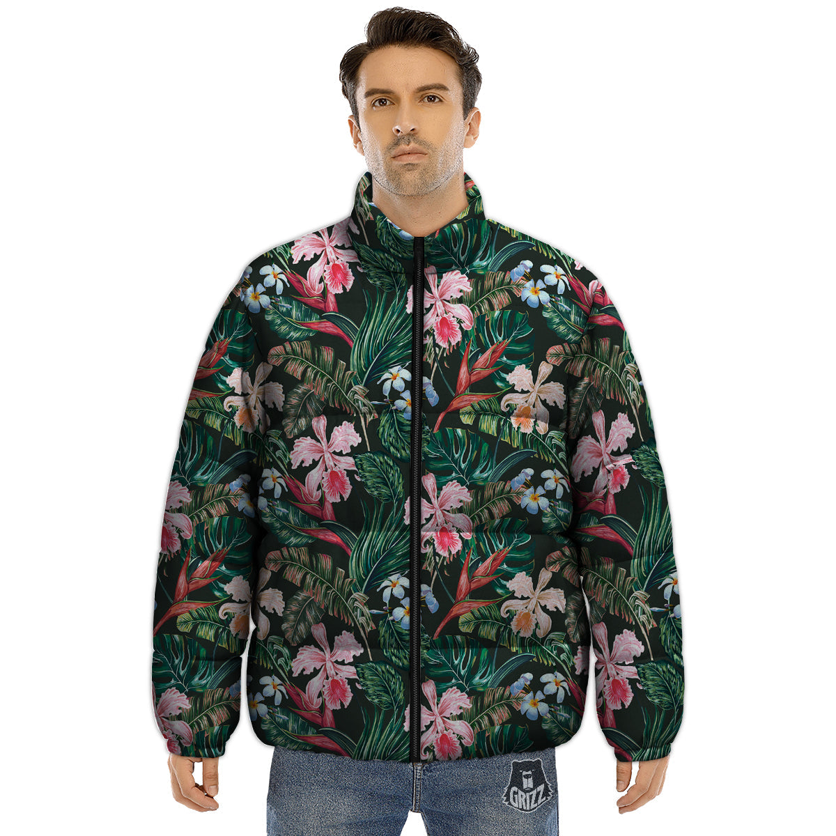 Flower Orchid Tropical Print Pattern Puffer Jacket-grizzshop