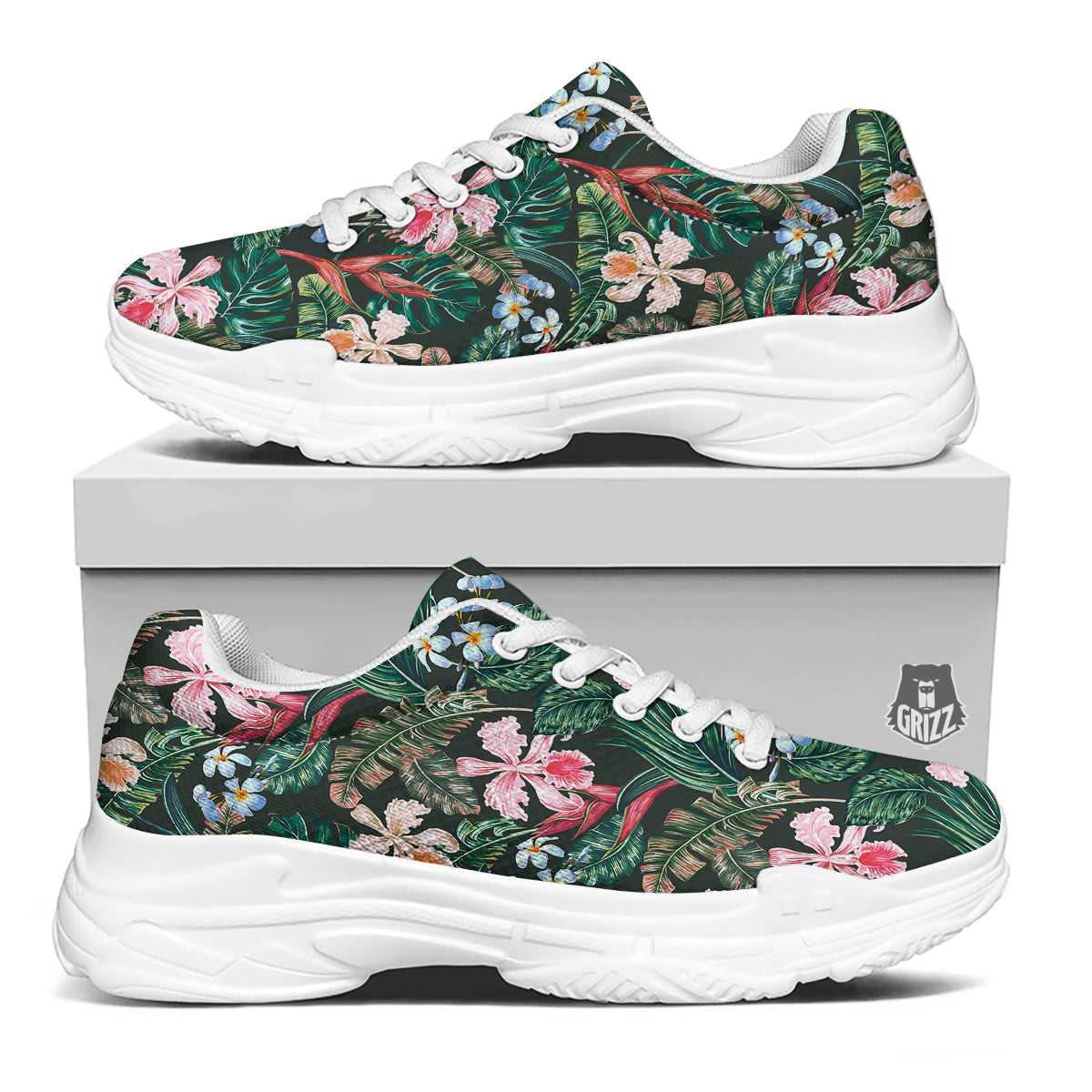 Flower Orchid Tropical Print Pattern White Chunky Shoes-grizzshop