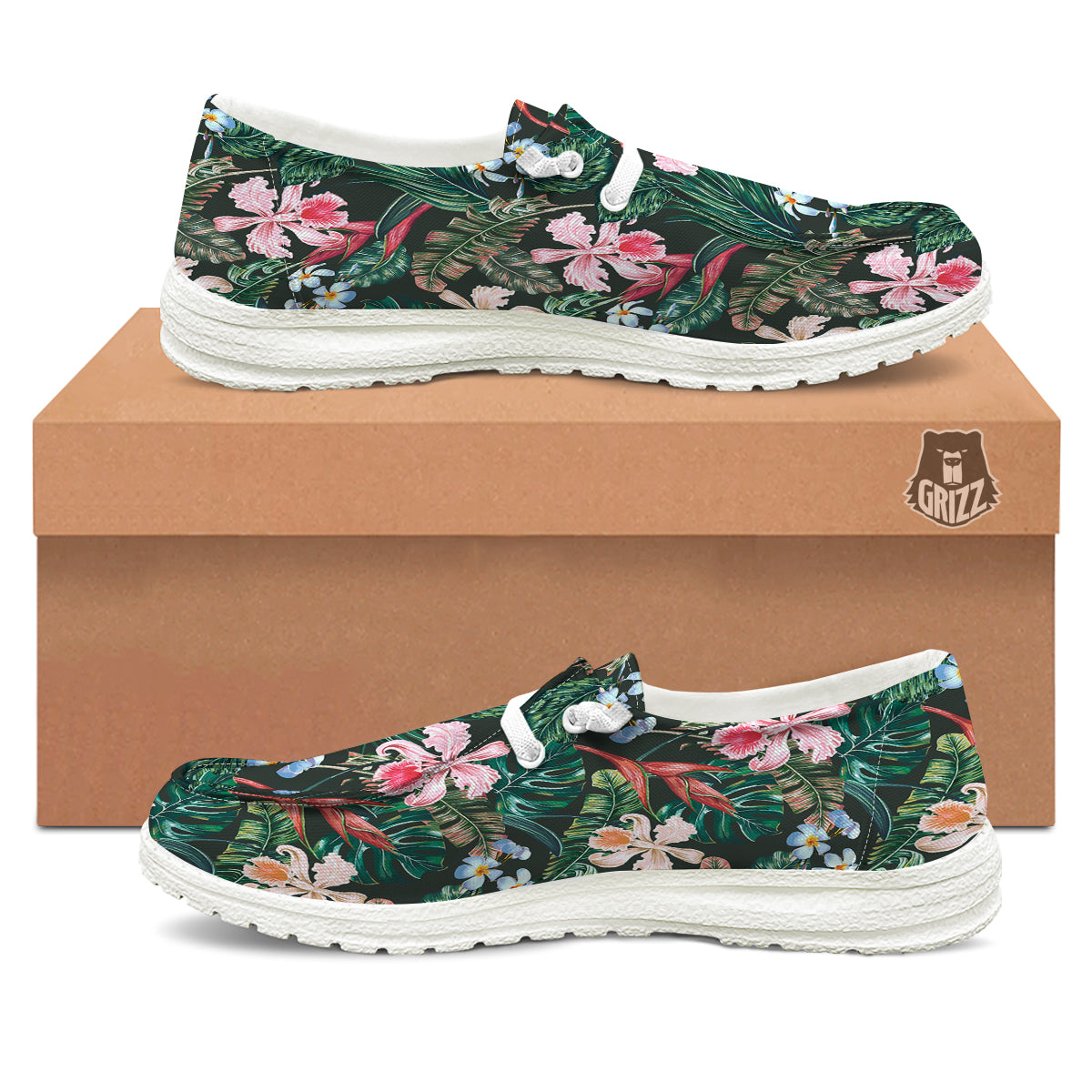 Flower Orchid Tropical Print Pattern White Loafers-grizzshop