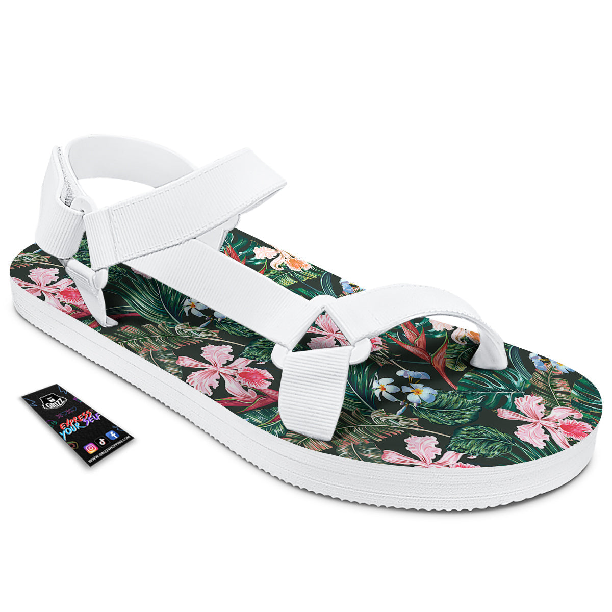 Flower Orchid Tropical Print Pattern White Open Toe Sandals-grizzshop
