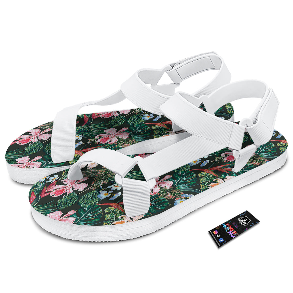 Flower Orchid Tropical Print Pattern White Open Toe Sandals-grizzshop