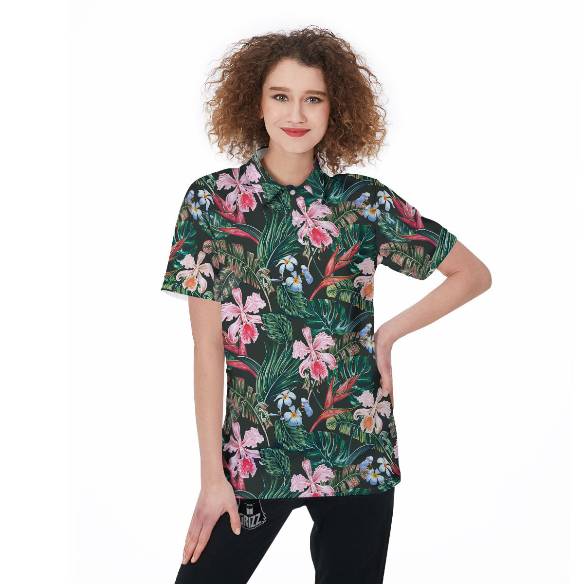Flower Orchid Tropical Print Pattern Women's Golf Shirts-grizzshop