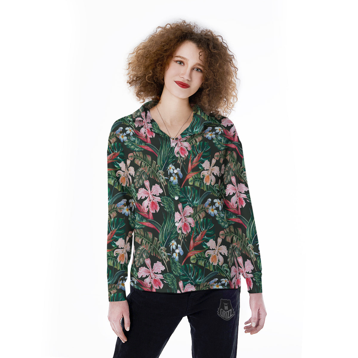 Flower Orchid Tropical Print Pattern Women's Long Sleeve Shirts-grizzshop