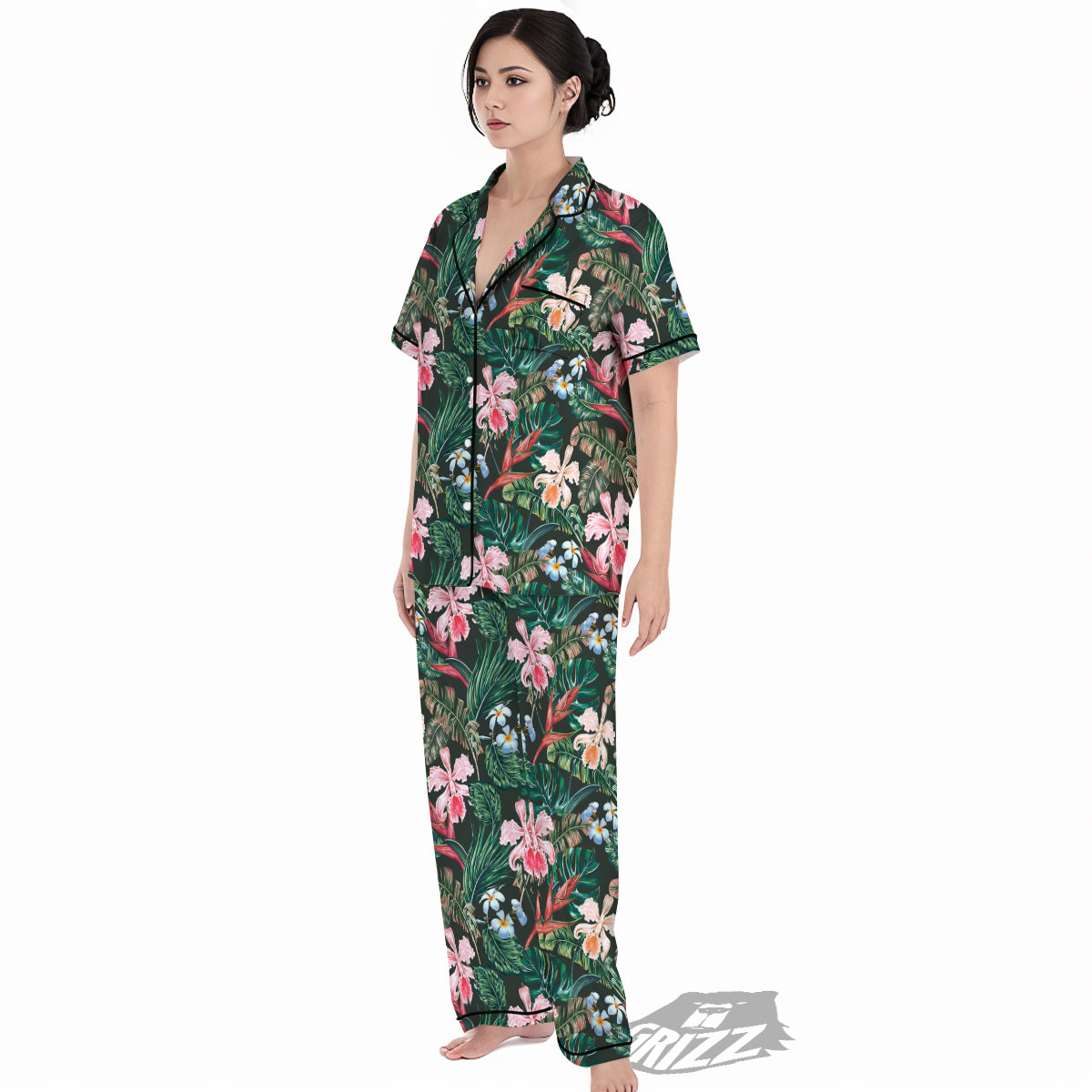 Flower Orchid Tropical Print Pattern Women's Pajamas Set-grizzshop