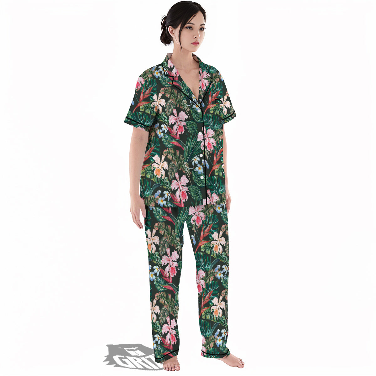 Flower Orchid Tropical Print Pattern Women's Pajamas Set-grizzshop
