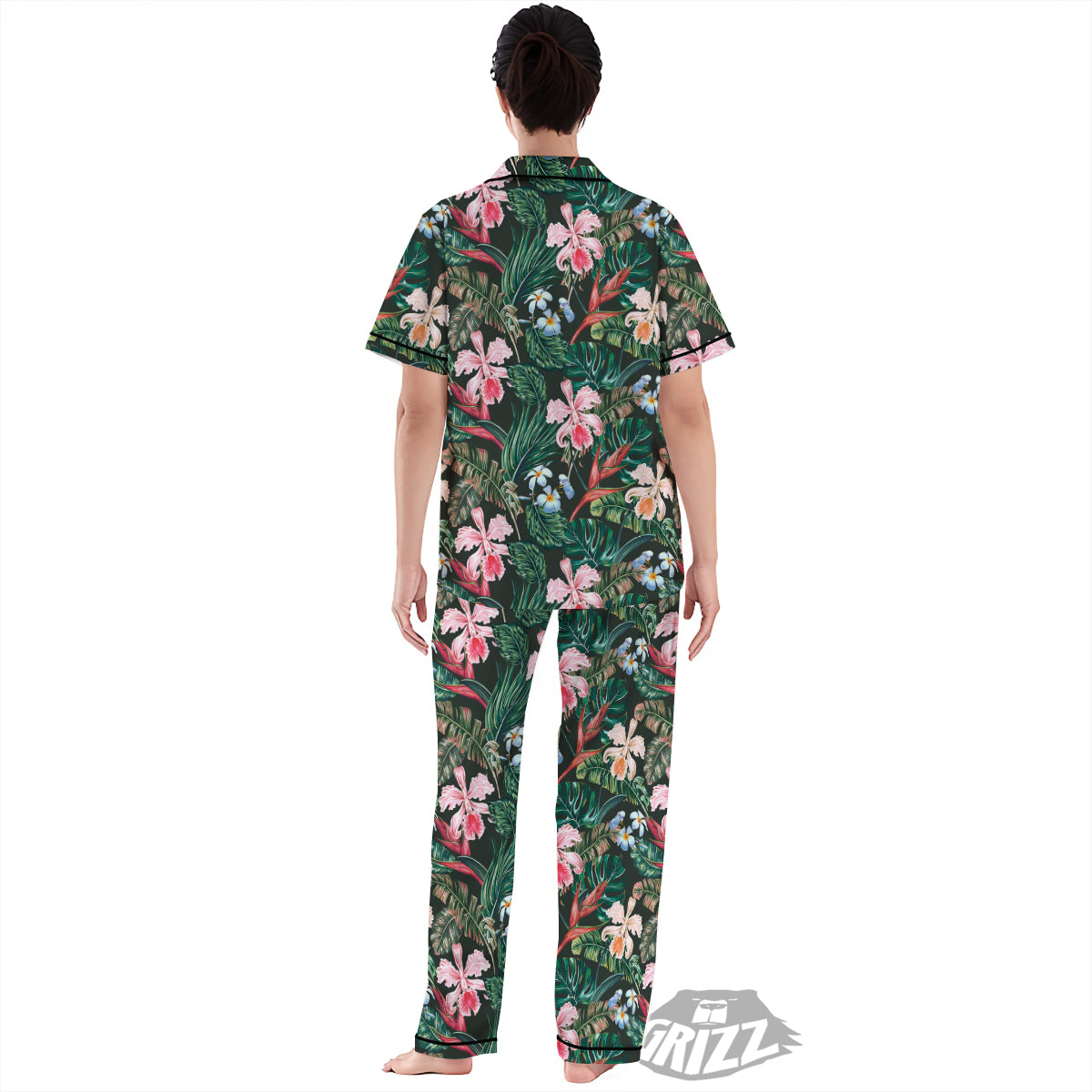 Flower Orchid Tropical Print Pattern Women's Pajamas Set-grizzshop