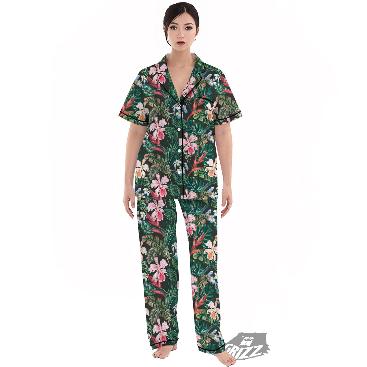 Flower Orchid Tropical Print Pattern Women's Pajamas Set-grizzshop