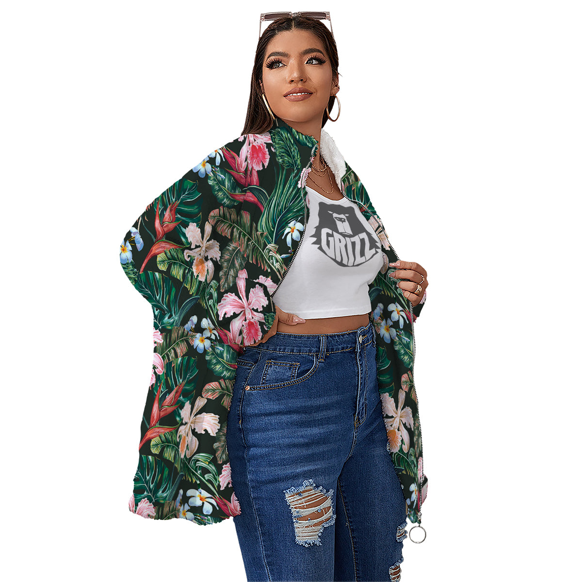 Flower Orchid Tropical Print Pattern Women's Sherpa Jacket-grizzshop