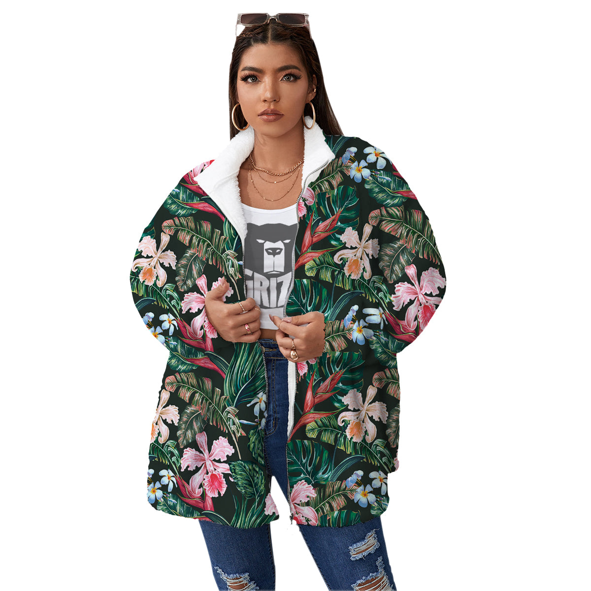 Flower Orchid Tropical Print Pattern Women's Sherpa Jacket-grizzshop