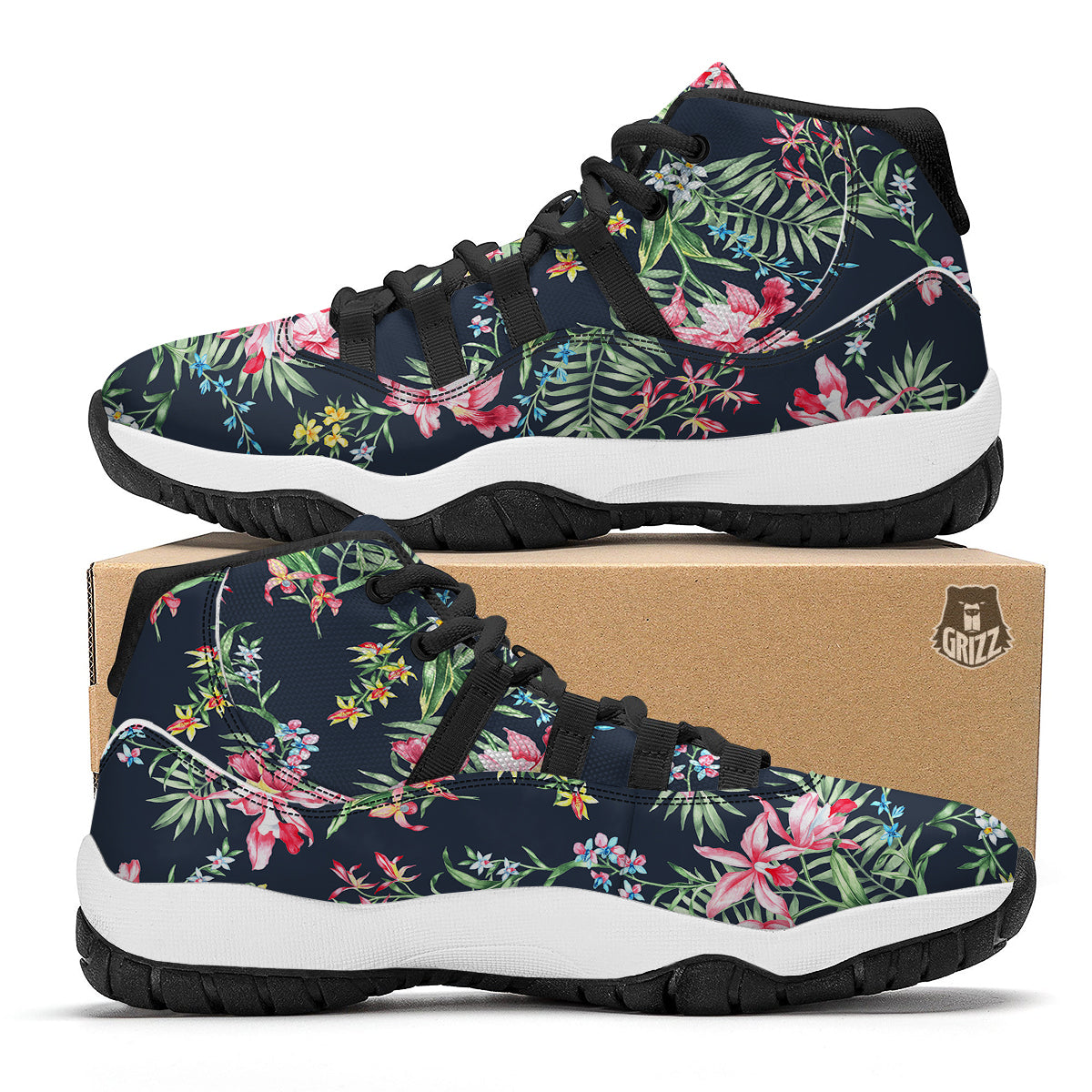 Flower Orchid Watercolor Print Pattern Black Bball Shoes-grizzshop