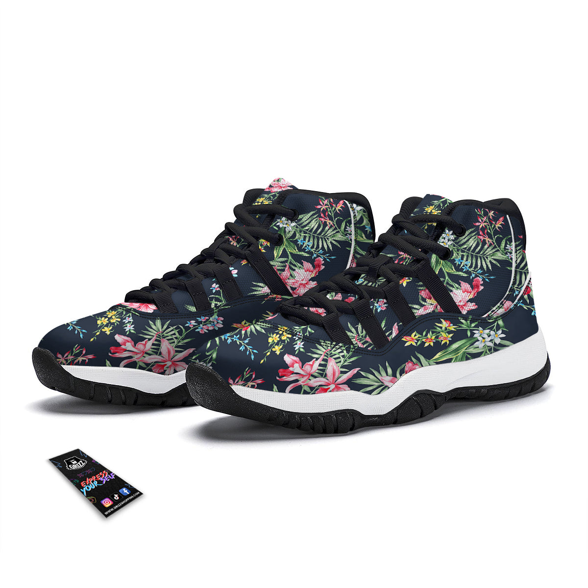 Flower Orchid Watercolor Print Pattern Black Bball Shoes-grizzshop