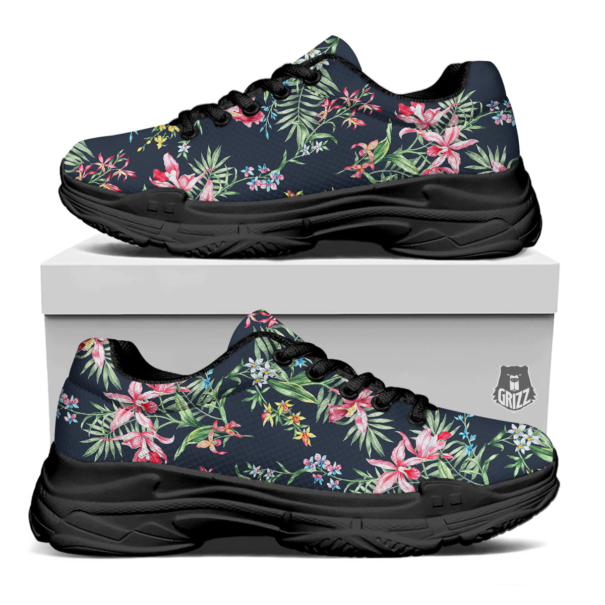 Flower Orchid Watercolor Print Pattern Black Chunky Shoes-grizzshop