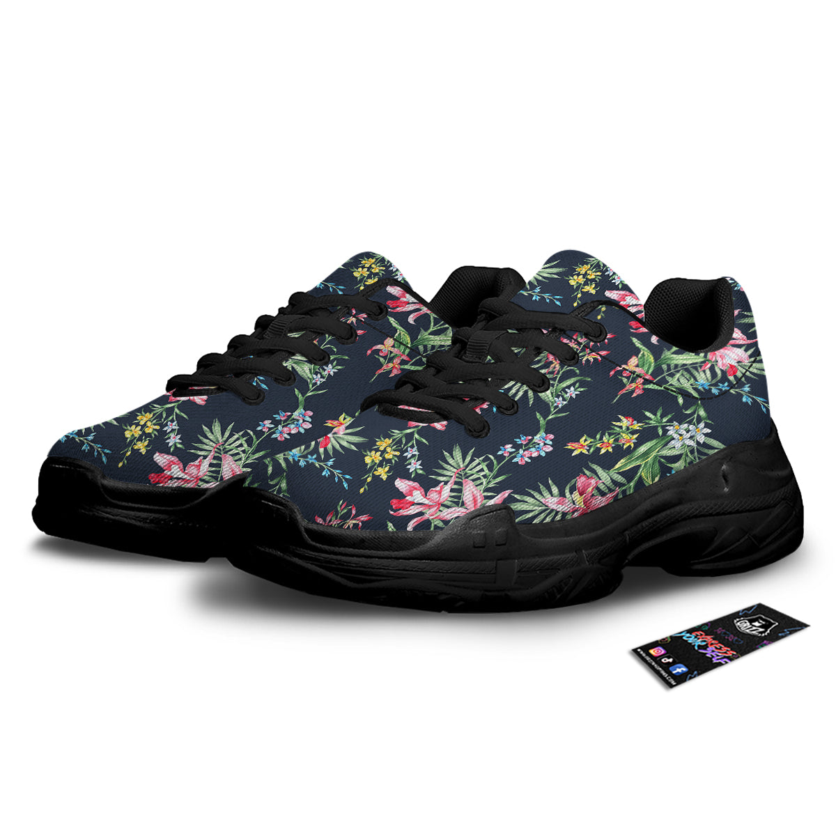 Flower Orchid Watercolor Print Pattern Black Chunky Shoes-grizzshop
